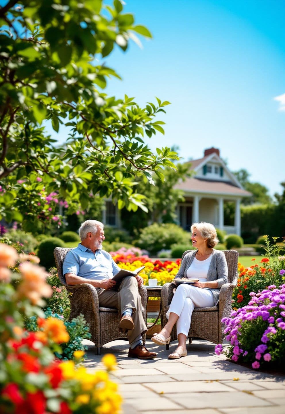 Senior man and woman looking relieved and content at home