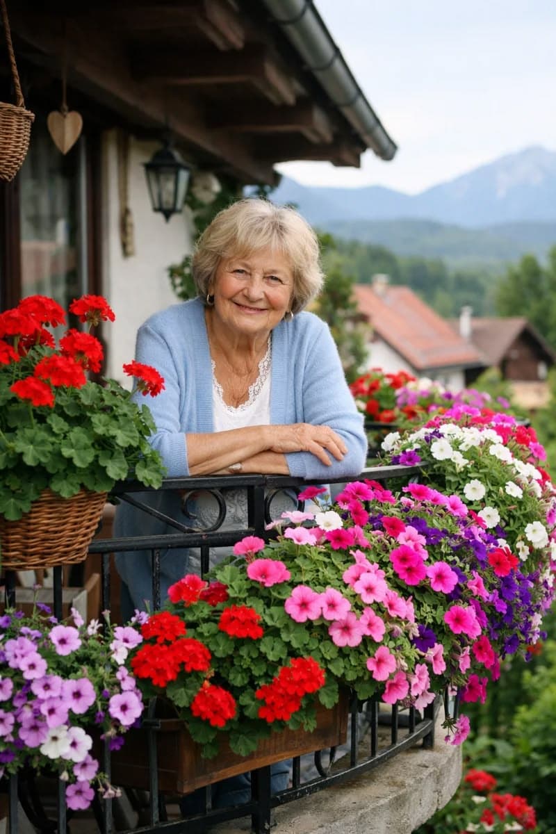 Reassured, happy senior at home surrounded by flowers