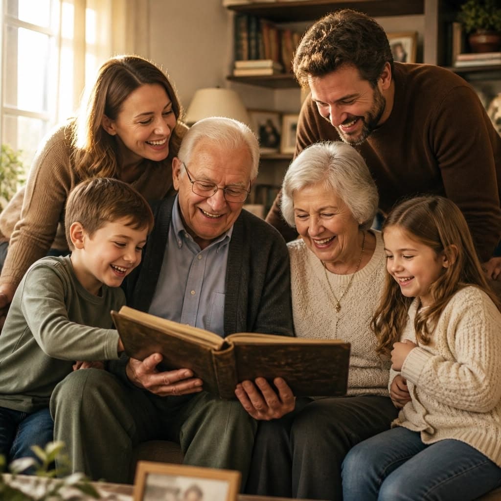 Family of three generations looking at a photo album together