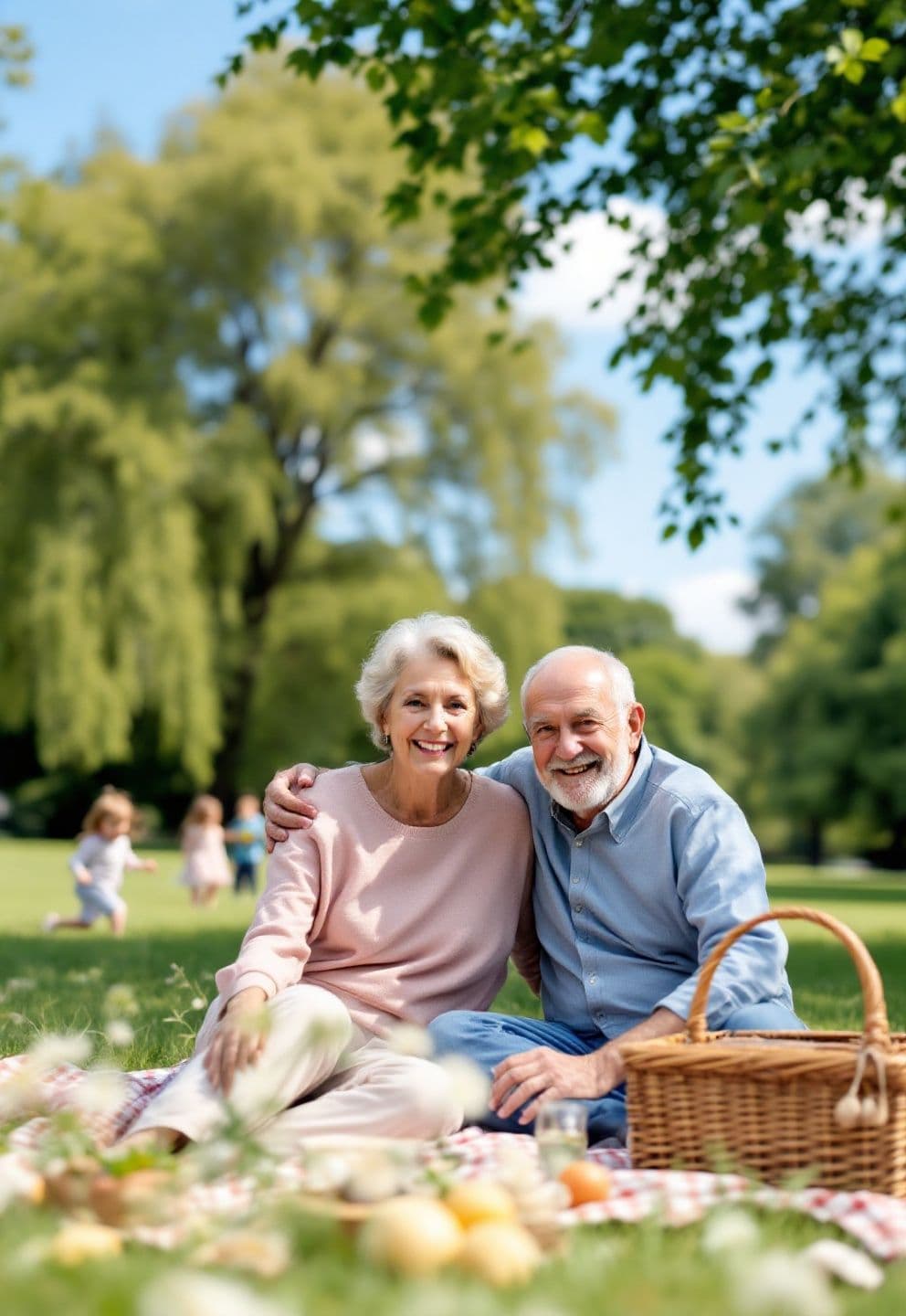 Relaxed senior couple smiling on a sofa together