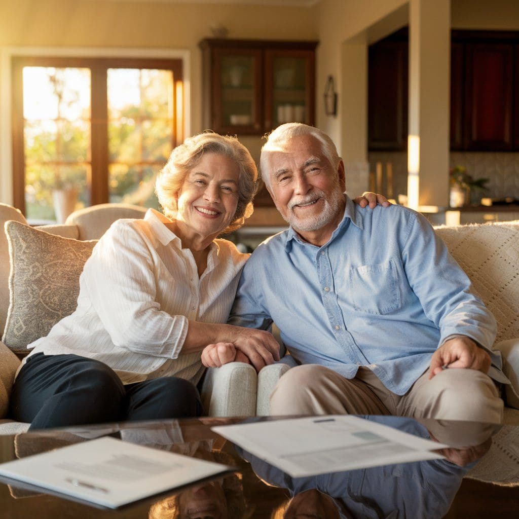 Senior couple smiling together at home in warm natural light