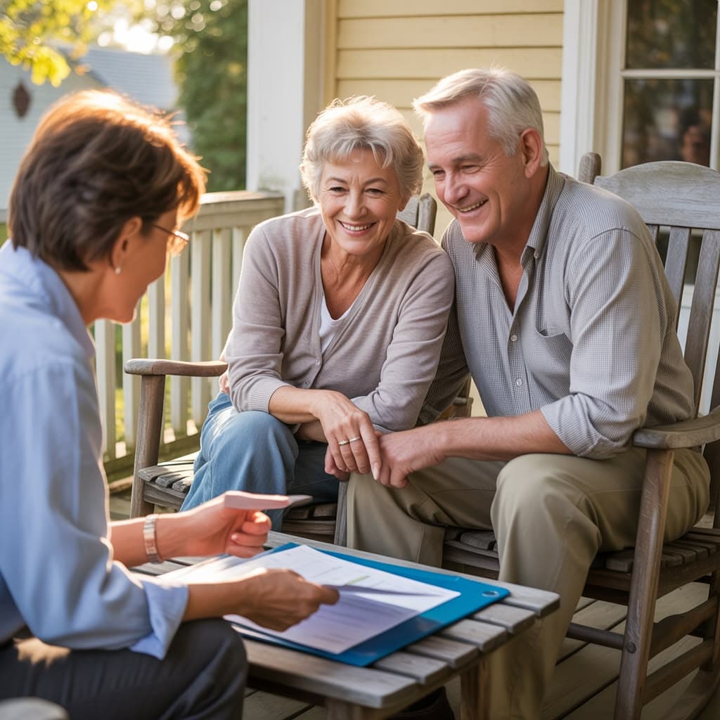 Caring licensed care specialist speaking warmly with an older couple
