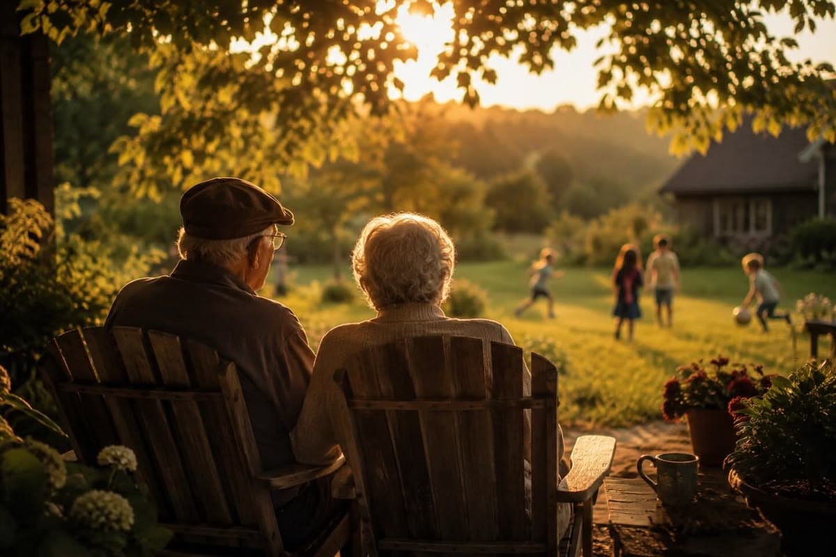 Grandparents watching grandchildren play at golden hour
